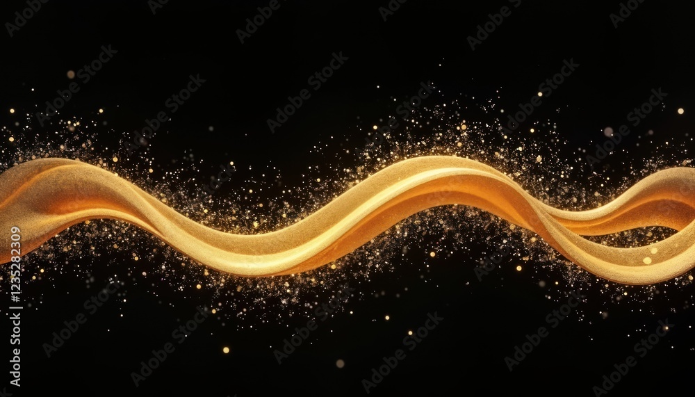 Poster Golden wave with glitter effect isolated on black background. Abstract design with dynamic flow. Luxurious, elegant visual element. Suitable for wallpaper design projects. Modern art illustration.