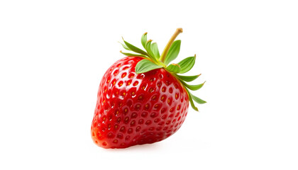 A close-up of a single fresh red strawberry with green leaves on a white background, showcasing its natural texture, ripeness, and organic sweetness.