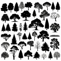 A collection of diverse tree silhouettes, showcasing various species and sizes, ideal for design projects or educational resources.