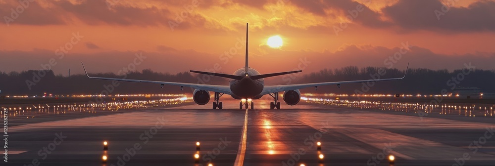 Poster luxury private jet preparing for takeoff on runway at dusk with limousine nearby enhancing travel ex