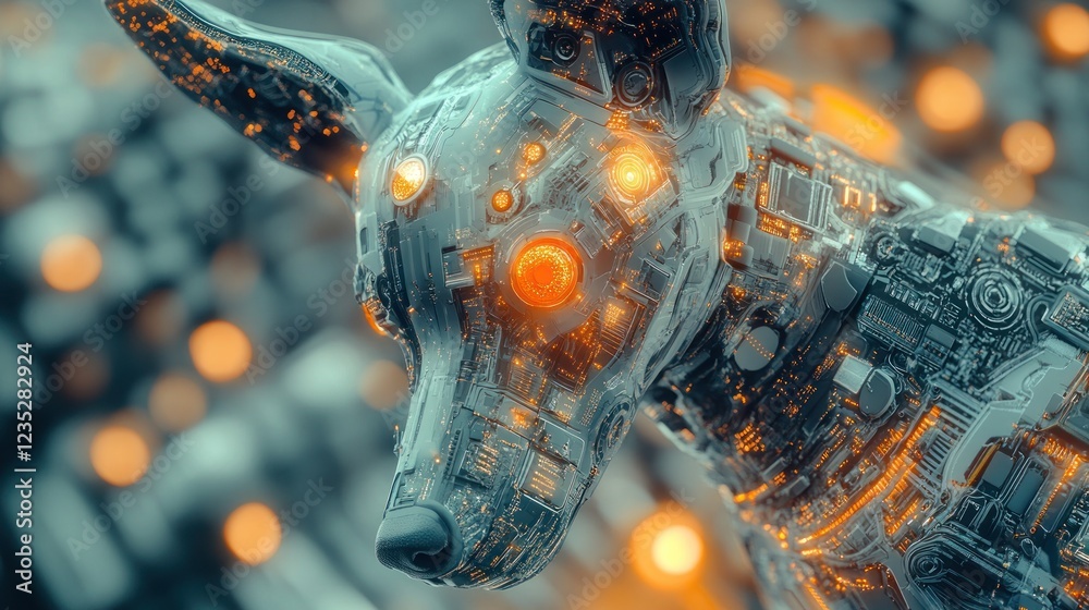 Poster a mechanical canine robot illuminated with orange lights