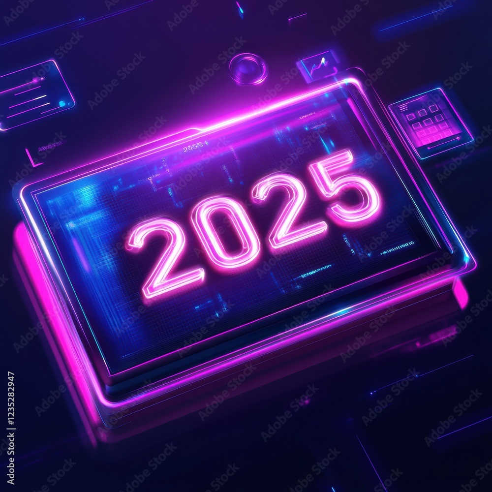 Poster futuristic digital calendar showcasing the year 2025 in vibrant neon colors with sleek design elemen