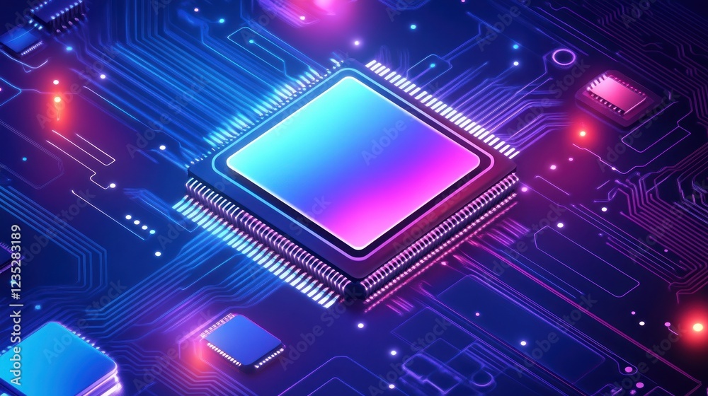 Poster Illuminated Microchip On A Circuit Board