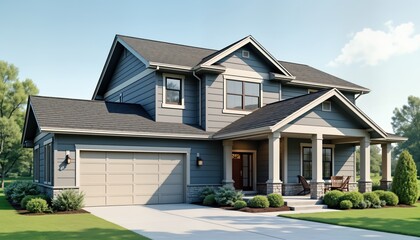 Suburban home with covered veranda, garage. Modern grey house with dark roof. Front yard with lawn, landscaping. House veranda with columns, covered porch area. Peaceful residential exterior. Ideal