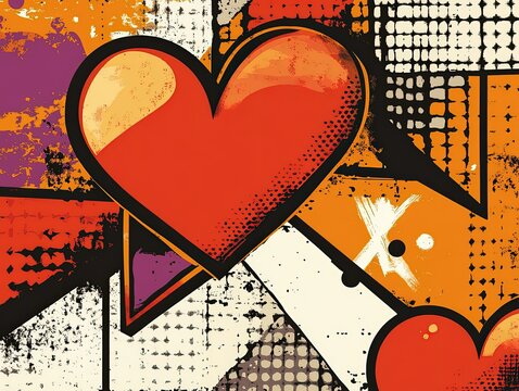 A pattern of bold red hearts, arrows, and 'XO' in a retro 80s aesthetic, vibrant color palette
