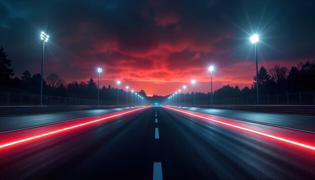 Empty race track at night under vibrant twilight sky. Racing track illuminated by neon lights. Red, blue colored lights illuminate asphalt creating dramatic effect. No people cars. Night time scene.