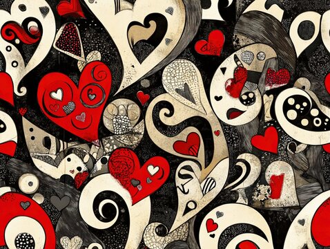 A pattern of bold red hearts, arrows, and 'XO' in a retro 80s aesthetic, vibrant color palette