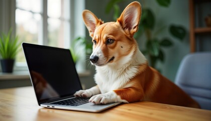 Adorable corgi dog sits at wooden desk typing on laptop. Cute pet appears to working from home. Funny, quirky image of dog in home office setting. Digital artwork features dog using tech as human