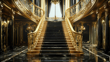 Obraz premium Grand, elegant staircase with ornate gold railing and black marble steps leading up to a luxurious upper level. Opulent Gold. Illustration