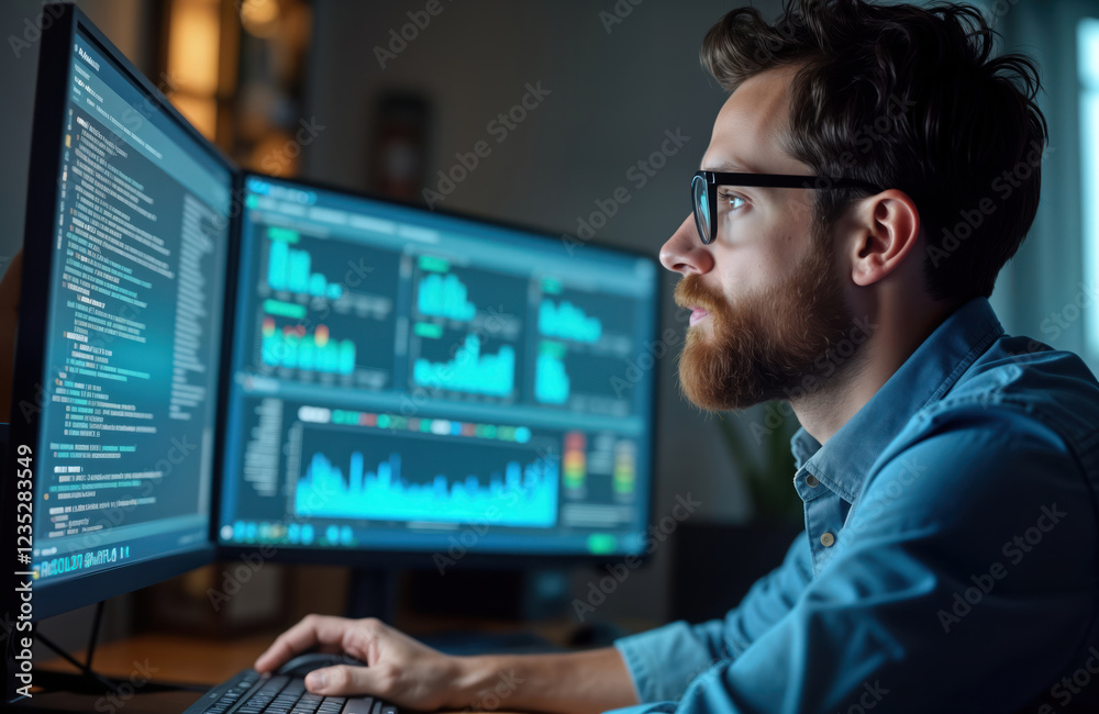 Poster manager deeply analyzes system logs on large monitor screens. Concentrated on system performance review. Expert reviews tech data, evaluates system, possibly for improvement. Data analysis at work.