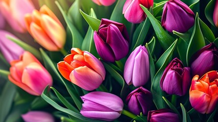 Obraz premium Fresh tulips flowers over dark background, mothers day gift