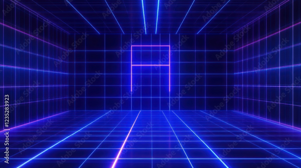 Poster neon grid room with glowing lines and shape