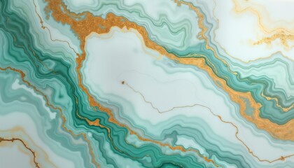 Abstract marbled background with turquoise green, white marble texture. Gold veins create elegant flow patterns. Modern design with liquid paint effect. Suitable for wallpaper, cover, invitation,