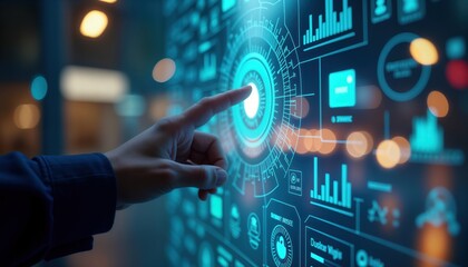 Hand interacts with futuristic digital interface. Person touches interactive display screen with glowing tech elements. Data visualization elements, graphic charts populate tech screen. Modern design