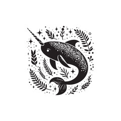 Black Color Narwhal silhouette design Vector Illustration, Solid White Background (1).eps