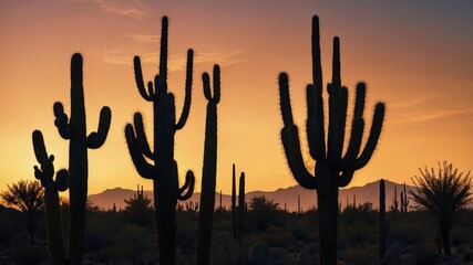 Silhouetted cacti stand tall against a vibrant sunset, casting long shadows across the desert landscape.  A breathtaking scene of natural beauty.