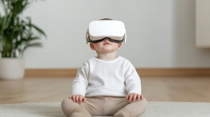 Toddler wearing VR headset, home interior, exploring virtual reality
