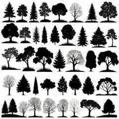 Fototapeta premium A collection of diverse tree silhouettes, showcasing various species and shapes against a white background. Ideal for design projects needing natural elements.