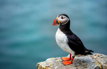 Atlantic puffin stands on coastal rock overlooking ocean. Bird vibrant orange beak, white body. Ocean background tranquil blue. Wild puffin species. Seabird on rocky outcrop. Natural scene. Wildlife
