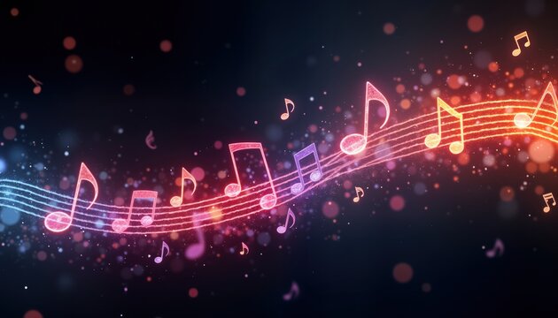 Abstract glowing musical notes flow on dark background. Colorful music notes. Vibrant lines. Design for music, event posters, website. Modern vibrant art. Stylish tech illustration. Visual appeal.