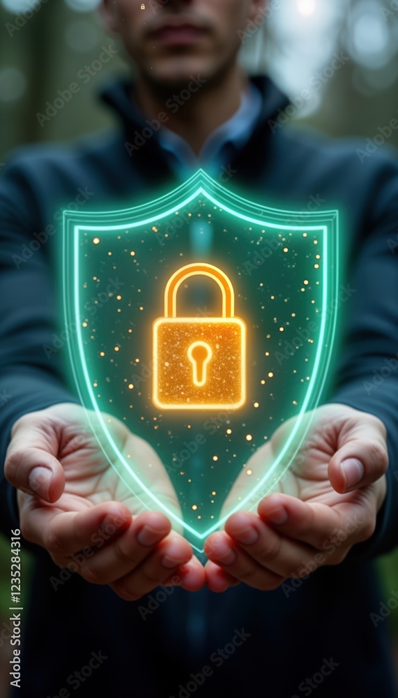 Poster person holds glowing cybersecurity shield. protected data, privacy tech illustration. digital lock i