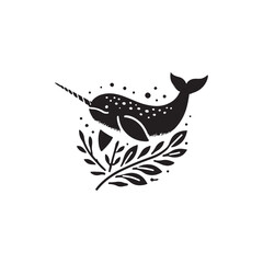 Black Color Narwhal silhouette design Vector Illustration, Solid White Background (3).eps
