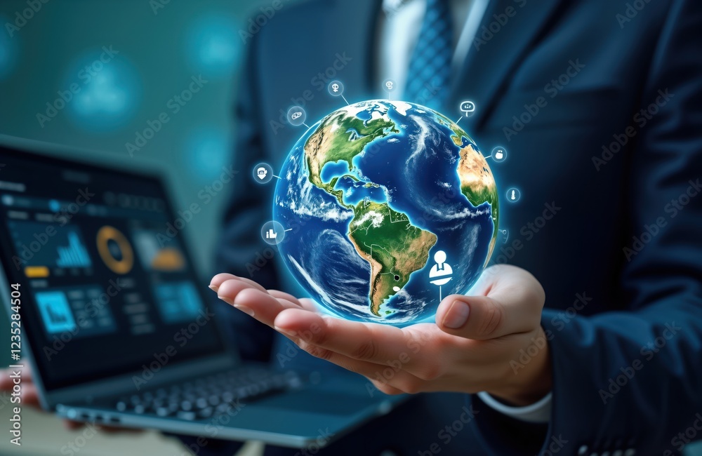 Poster businessman holds digital globe global business, digital marketing. modern tech, finance concepts li