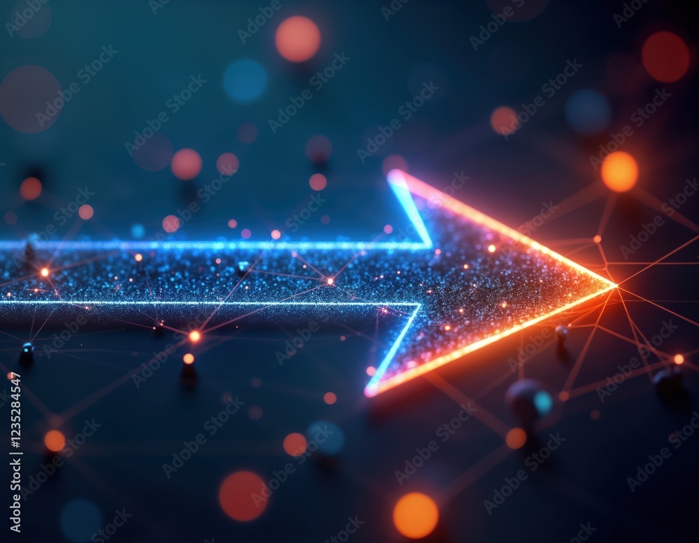 Poster futuristic network glow arrow. tech arrow points forward. abstract arrowhead lights network. connect