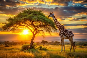 Fototapeta premium Elegant Giraffe Reaching High for Leaves in African Savannah Sunset