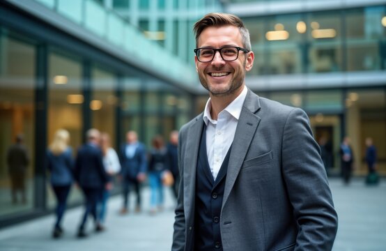 Confident businessman walks happily near modern glass office building. He looks away while smiling. Busy city life with people around. He wears a suit and glasses.
