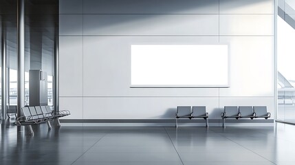 A modern airport terminal interior featuring seating and a blank advertising screen.