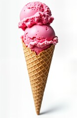 Pink ice cream scoops served in waffle cone. Single portion of dessert. Light background. Sweet treat. Delicious, cold. Summer food. Food product. Isolated, ready to eat. Isolated food image.