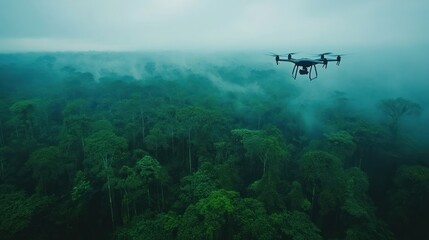 Drone Flying Over Foggy Rainforest Canopy