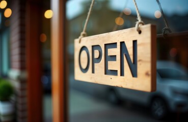 Wooden open sign hangs on shop window. Store open. Bokeh effect from background. Vintage shop. Busy city scene. Commercial photo stock image. Suitable for business marketing materials online