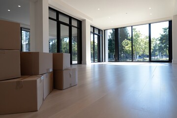 A bright, airy room filled with sunlight showcases moving boxes, symbolizing change, transition, and the beginning of a new chapter for its inhabitants in life.