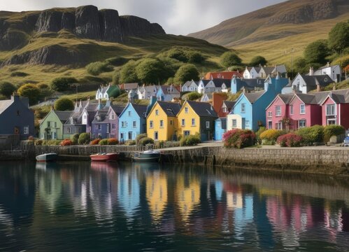 Colorful row of cottages in Portree overlooking the harbor , colorful houses, traditional, architecture