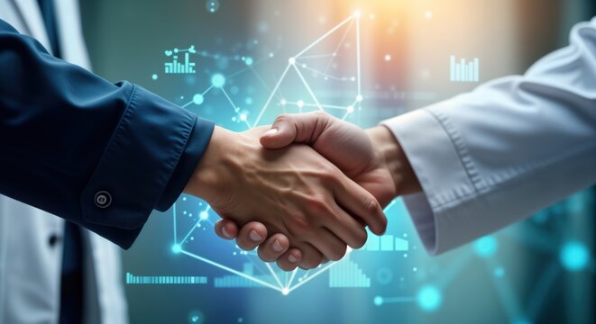 Doctors shake hands tech partnership. Medical professionals collaborate on innovative research using digital tools. Modern healthcare innovation. Teamwork in hospital lab. Future of medicine. Experts - Powered by Adobe