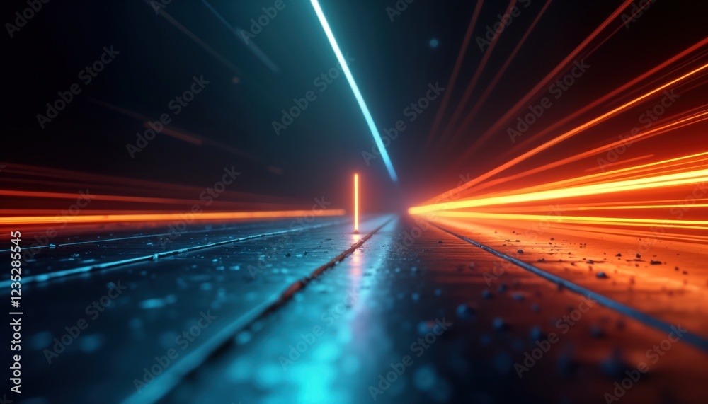 Poster Focused streams of vibrant light converge into sharp pointed shape on dark surface. Dynamic energy, speed evident in modern digital art piece. Abstract design evokes futuristic motion, technology.
