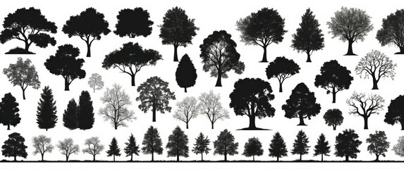 Collection of diverse tree silhouettes, showcasing various species and shapes. Ideal for design projects needing natural elements.