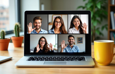 Group video conference on laptop. Diverse people participate in online business meeting. Colleagues greet remotely. Happy expressions on faces during tech session. Modern workplace setting. Remote