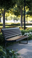 A serene park bench surrounded by greenery and flowers, inviting relaxation and contemplation.