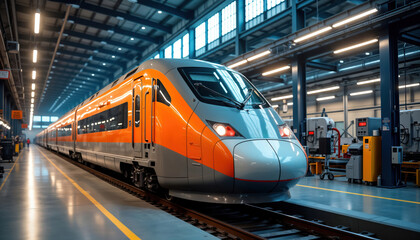 Modern high-speed train in bright maintenance facility. Advanced railway tech visible. Train undergoing service repair. Industrial equipment, machinery present in workshop. Efficient transportation