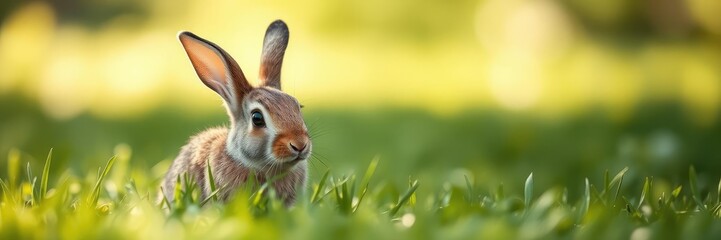 Obraz premium Cottontail in the grass with green bokeh, small mammal, outdoor scene, bunnies