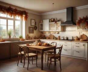 Fototapeta premium Cozy and inviting atmosphere in the luxury kitchen with autumn decor, cozy ambiance, autumn pumpkin decor , home decor