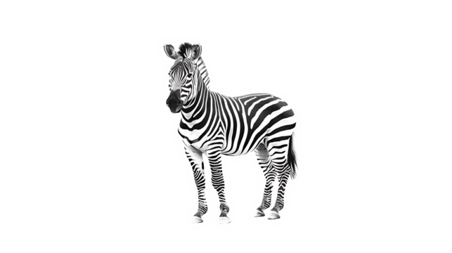A wild zebra standing with its signature black and white stripes, isolated on a white background