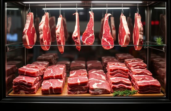 Butcher shop display shows raw meat cuts. Various beef pieces hang, stack on display. Different cuts of meat visible. Refrigerated showcase displays fresh produce, ingredients. Pro butcher shop in