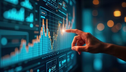 Hand interacts with futuristic digital interface displaying tech trends, data analysis. Modern tech design. Graph visualization. Performance insight. Hand touches dynamic chart. Data analysis.