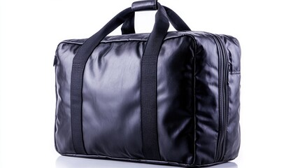 Fototapeta premium Black duffel bag on white background, travel luggage