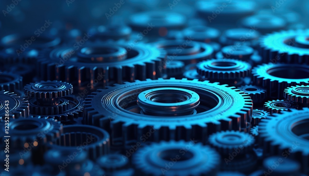 Poster Blue tech gears interconnected, detailed. Complex mechanism generates dynamic tech concept. Illustration precision engineering. AI generated complex gear design. Modern machinery concept for industry