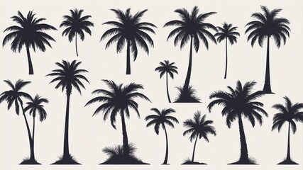 Fototapeta premium A collection of palm tree silhouettes, showcasing various sizes and styles. Perfect for tropical-themed designs.